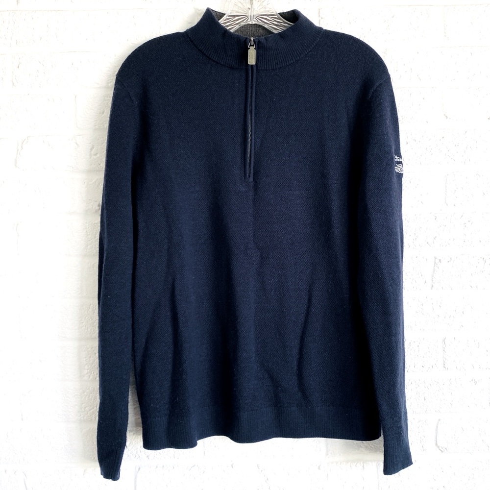 Wool Sweater Straight Down St. Andrews Quarter Zip Blue Indigo Small Natural